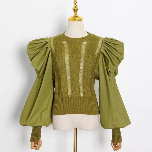 New Bishop Puff Sleeves Distress Crew neck Black color Pull on Sweater - Picture 3 of 12